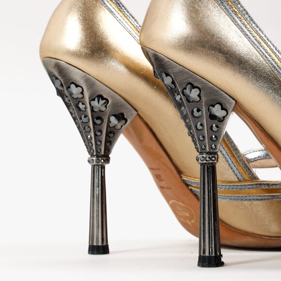 Prada Gold & Silver Mary Jane Embellished Heel Open-Toe Pumps - Picture 8 of 10